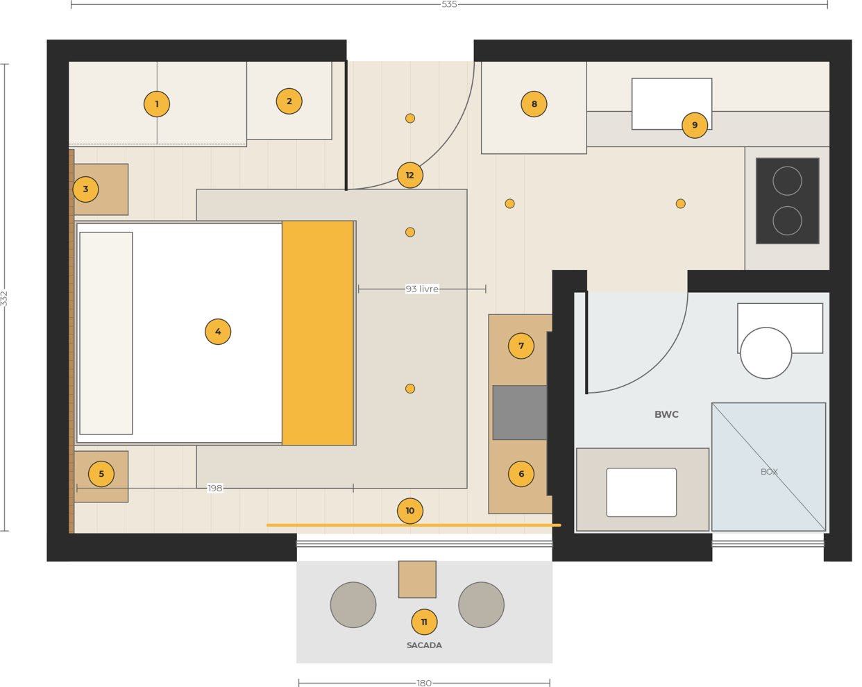 Planta do studio modelo com o percurso: 1 entrada e quarto, 2 cozinha, 3 sacada